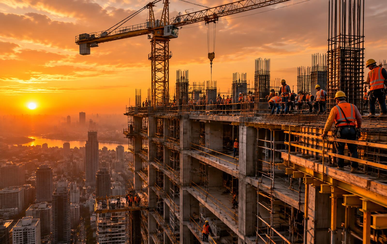 Prédio em construção com trabalhadores